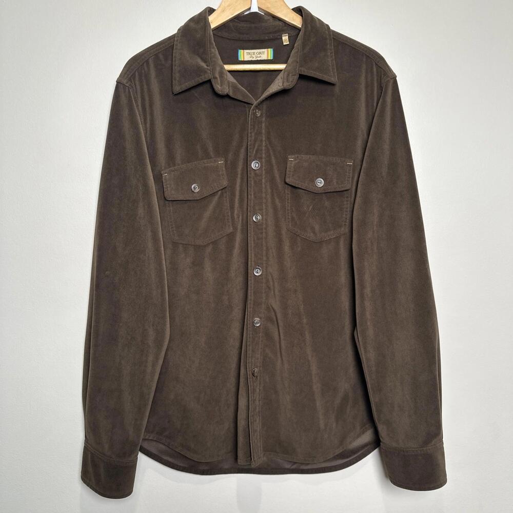 TRUE GRIT DRY GOODS‎ Mens Brown Long Sleeve Button Shirt LARGE Faux Suede